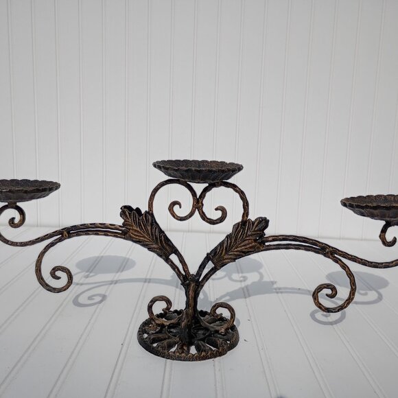 Cast Iron 3 Sconce Candelabra Bronze Gold Leaf Accents Heavy Candle Holder Vtg - Picture 7 of 13
